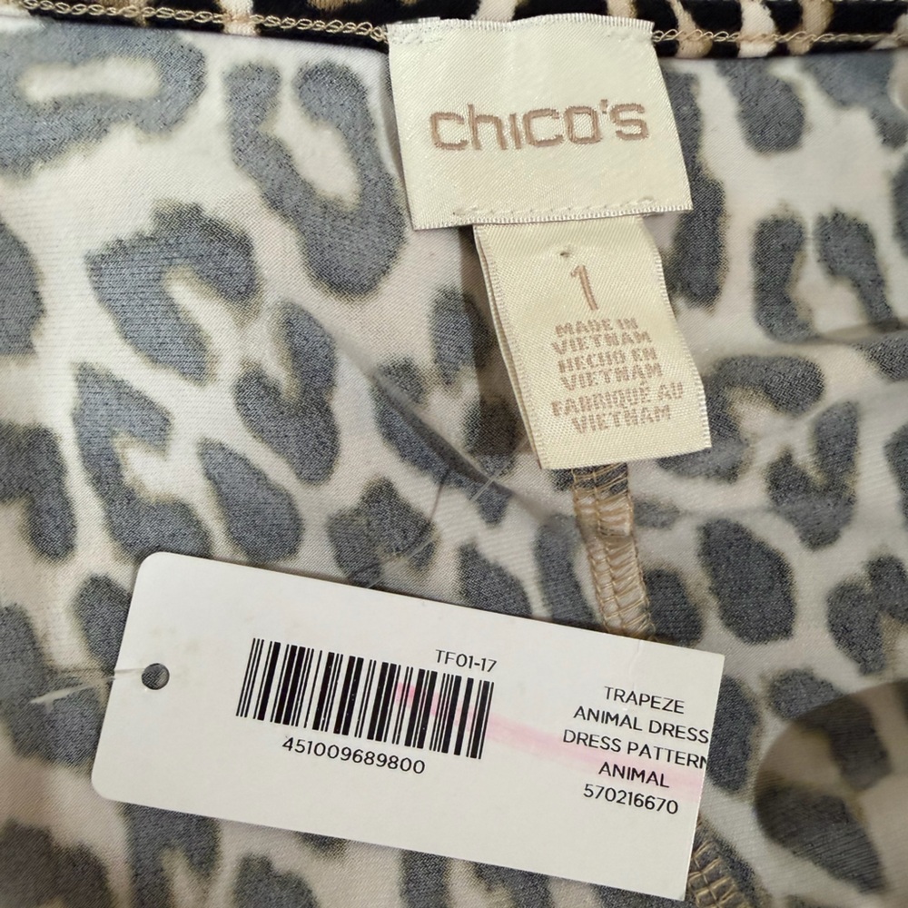 Chico’s Trapeze Leopard Animal Print Stretchy Swing Dress 3/4 Sleeve Size 8 NWT - Picture 9 of 13